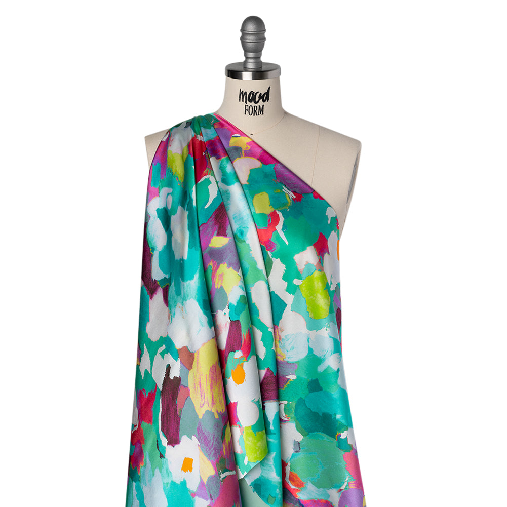 Silk Charmeuse Print 16MM, Made in Italy - Sea Green, Fuchsia and Yellow Painterly Abstract - Joann Fabrics