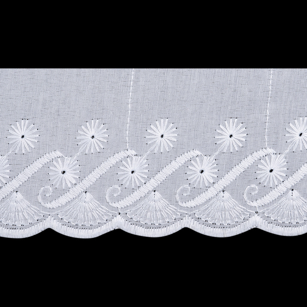 Cotton and Polyester Embroidered Eyelet Lace Trim with One Finished Scalloped Edge - 2.5