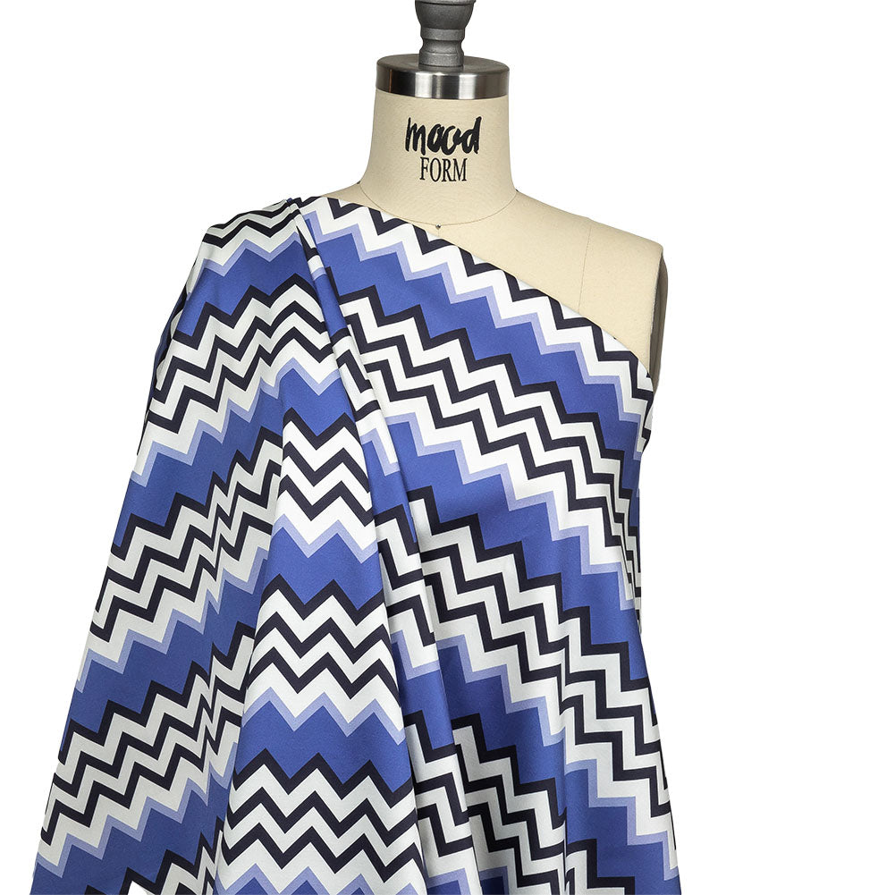 Stretch Cotton Sateen - Blue and Black Zig Zags - Blues Night Print - Mood Exclusive Indigo Collection - Joann Fabrics