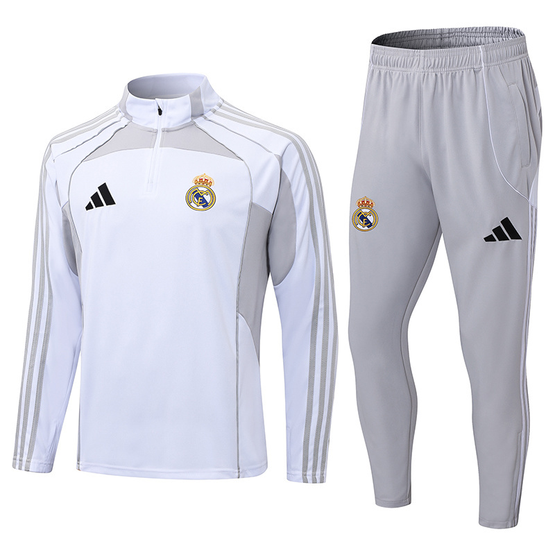 2025-2026 Real Madrid White Grey Half-Pull Training Suit Football Shirt 1:1 Thai Quality Set