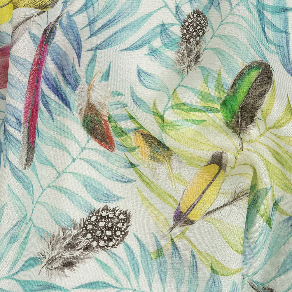 Multicolor Peacock Feathers and Aqua Ferns Printed Linen Woven - Joann Fabrics