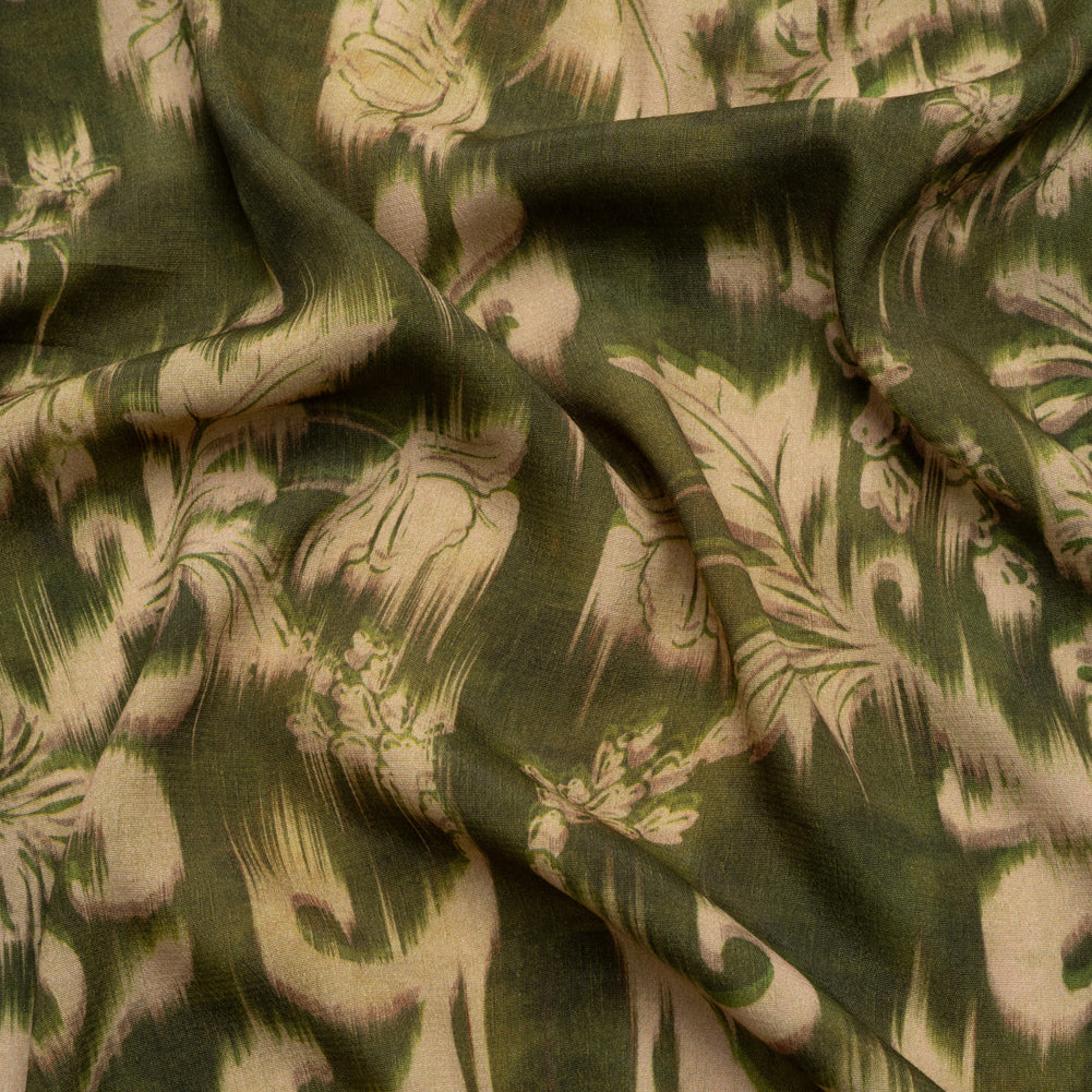 Sustainable Viscose Crepe Print - Olive Green and Beige Ikat Floral - Mood Exclusive Harvest Moon - Joann Fabrics