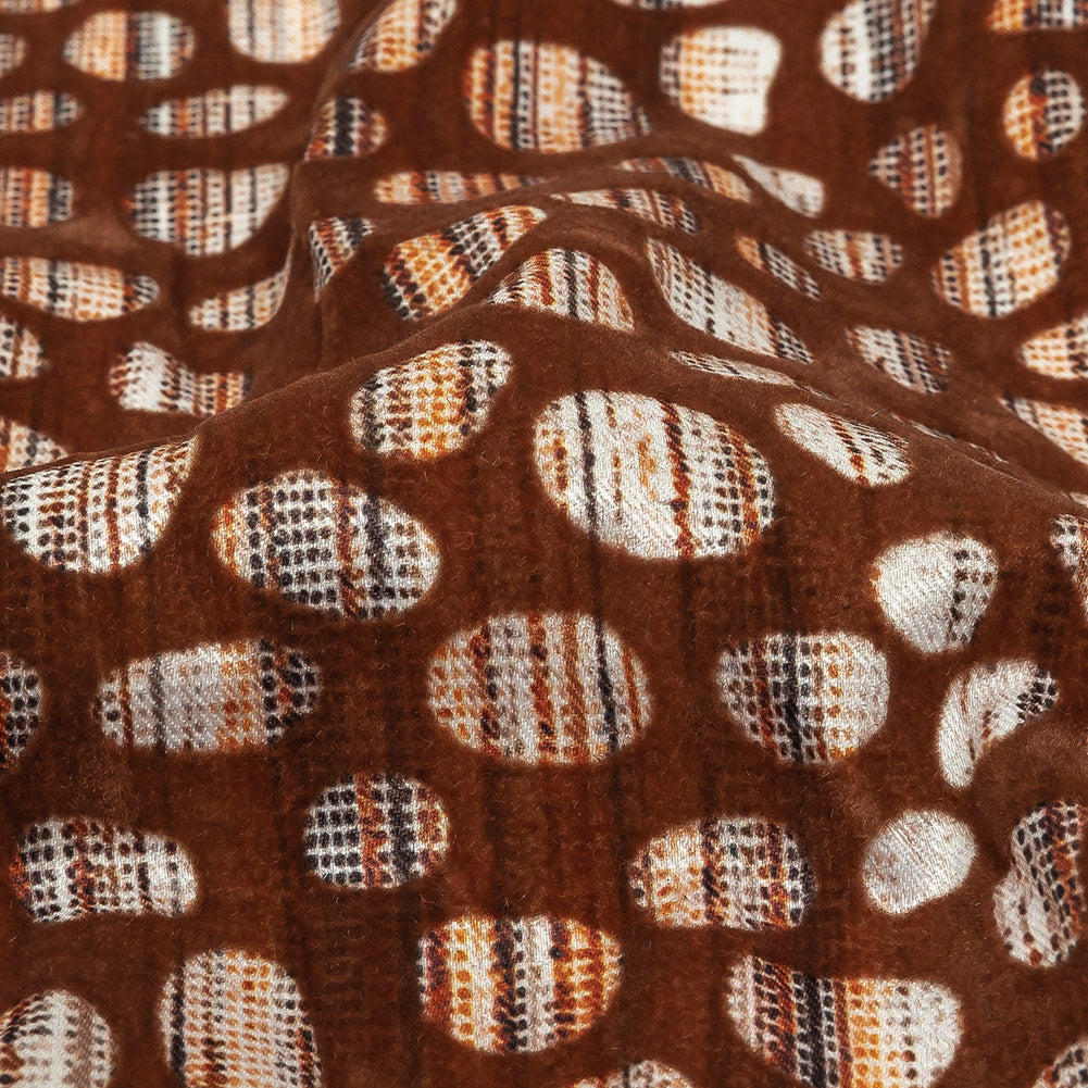 Brown Flocked Bubbles on Brown, Orange and White Distressed Stripes Printed Stretch Cotton Twill - Joann Fabrics