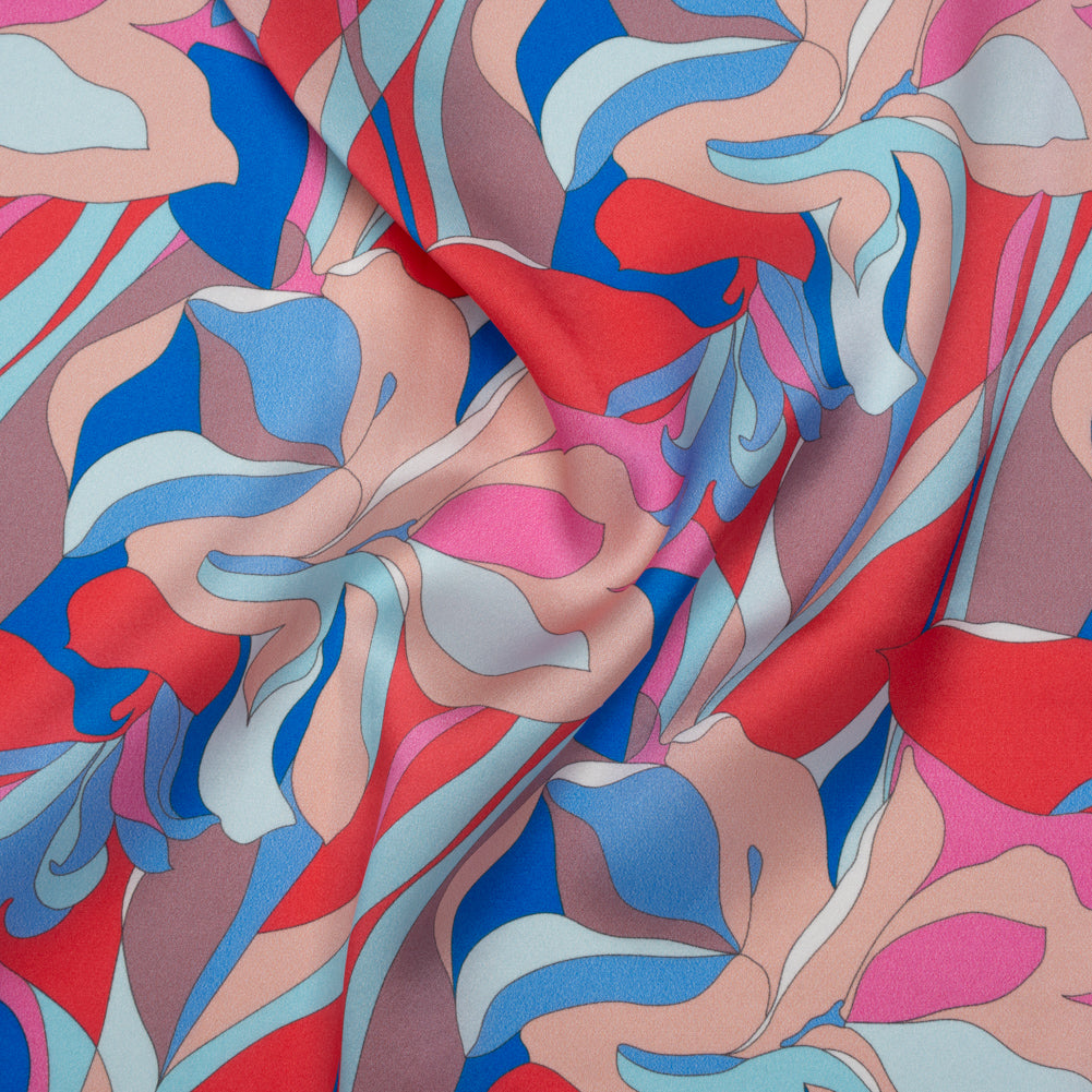 Silk Charmeuse Print 16MM, Made in Italy - Peach, Cobalt Blue and Red Retro Lily Florals - Joann Fabrics