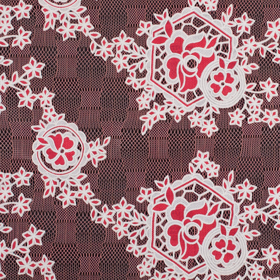 Famous NYC Designer Poppy/Oyster Floral Lace on Geometric Mesh - Joann Fabrics