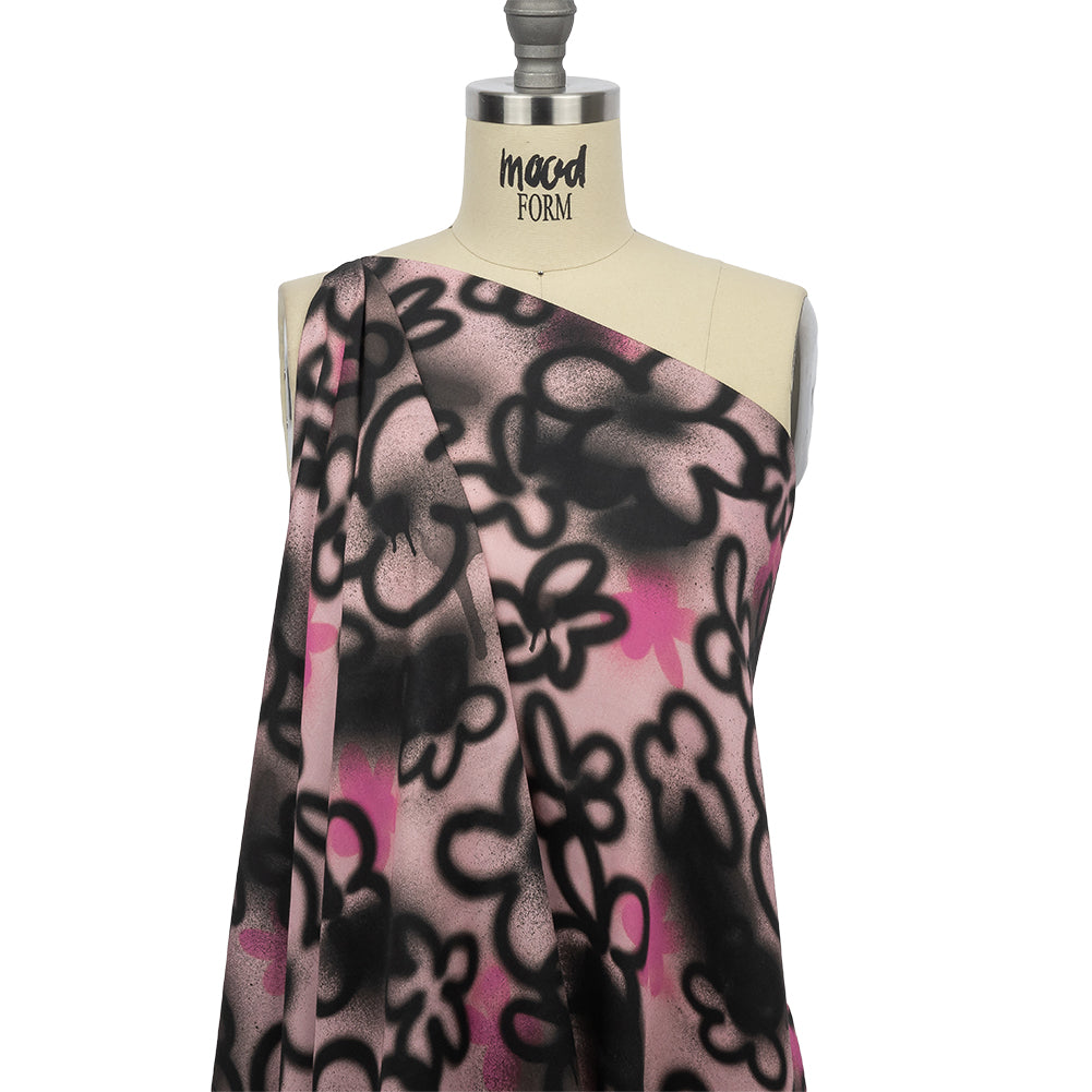 Rayon Challis - Pink and Black Spraypaint Floral - Street Sketch Print - Mood Exclusive Metro Collection - Joann Fabrics