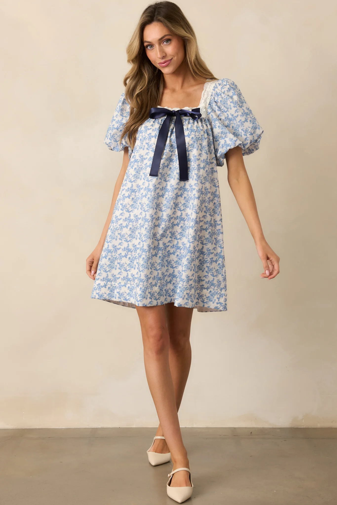 Frolic Through Fields Cotton Blue Floral Mini Dress