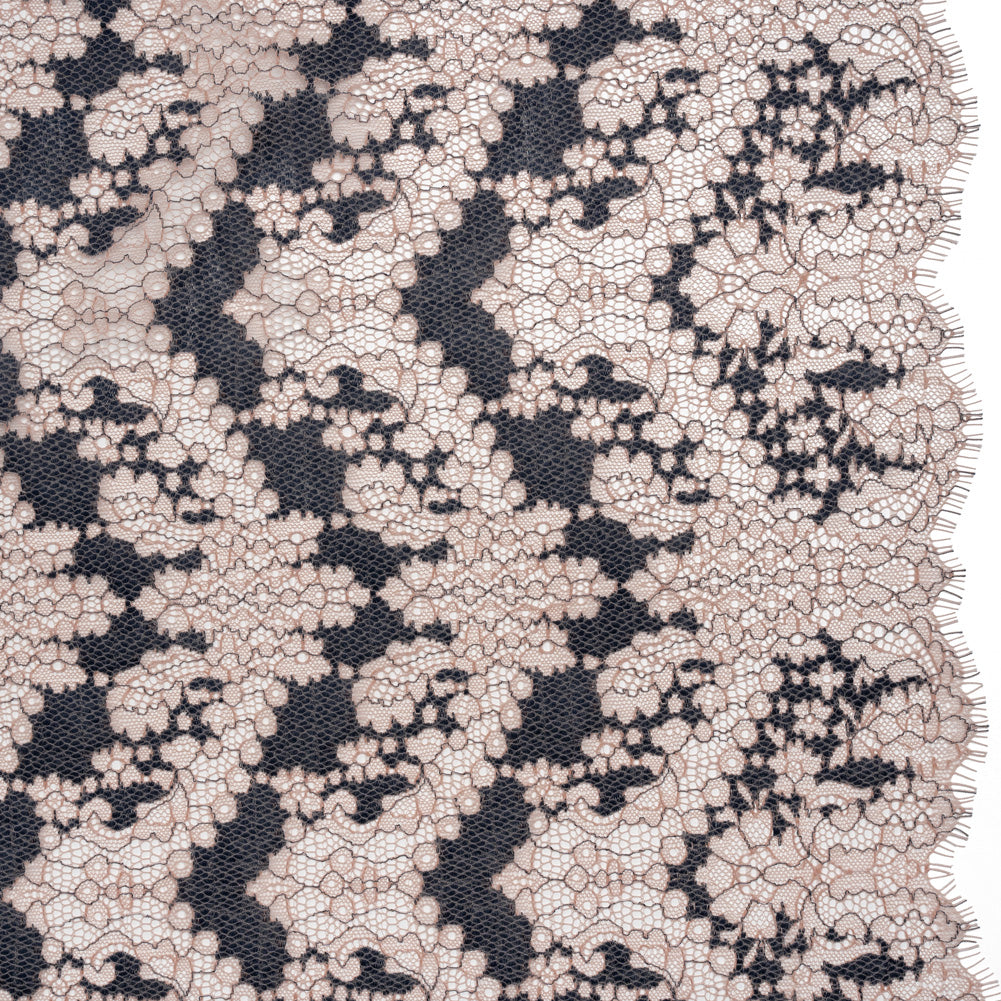 Raschel Lace Panel with Finished Edges - Shell Pink and Navy Ornate Leafy Chevrons - Joann Fabrics