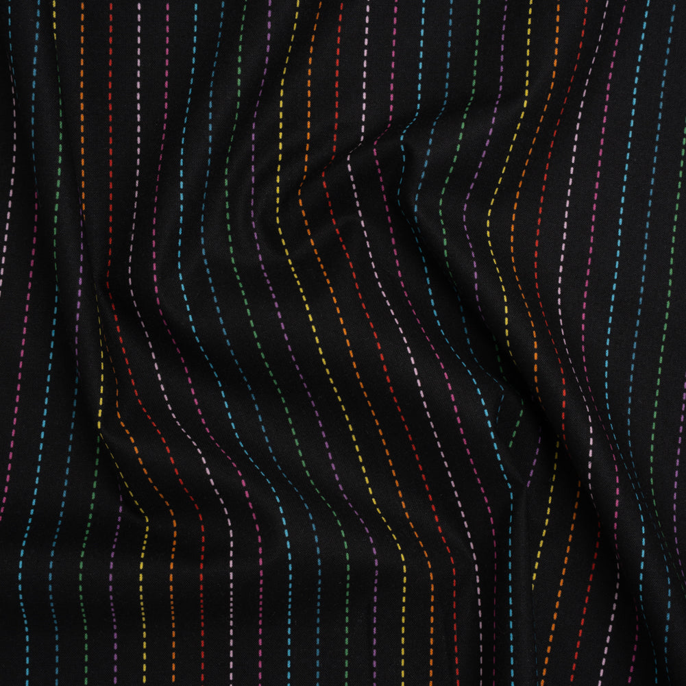 Printed Quilting Cotton by Ghazal Razavi for FIGO Studio - Black and Rainbow Dashed Stripes - Dusk Collection - Joann Fabrics