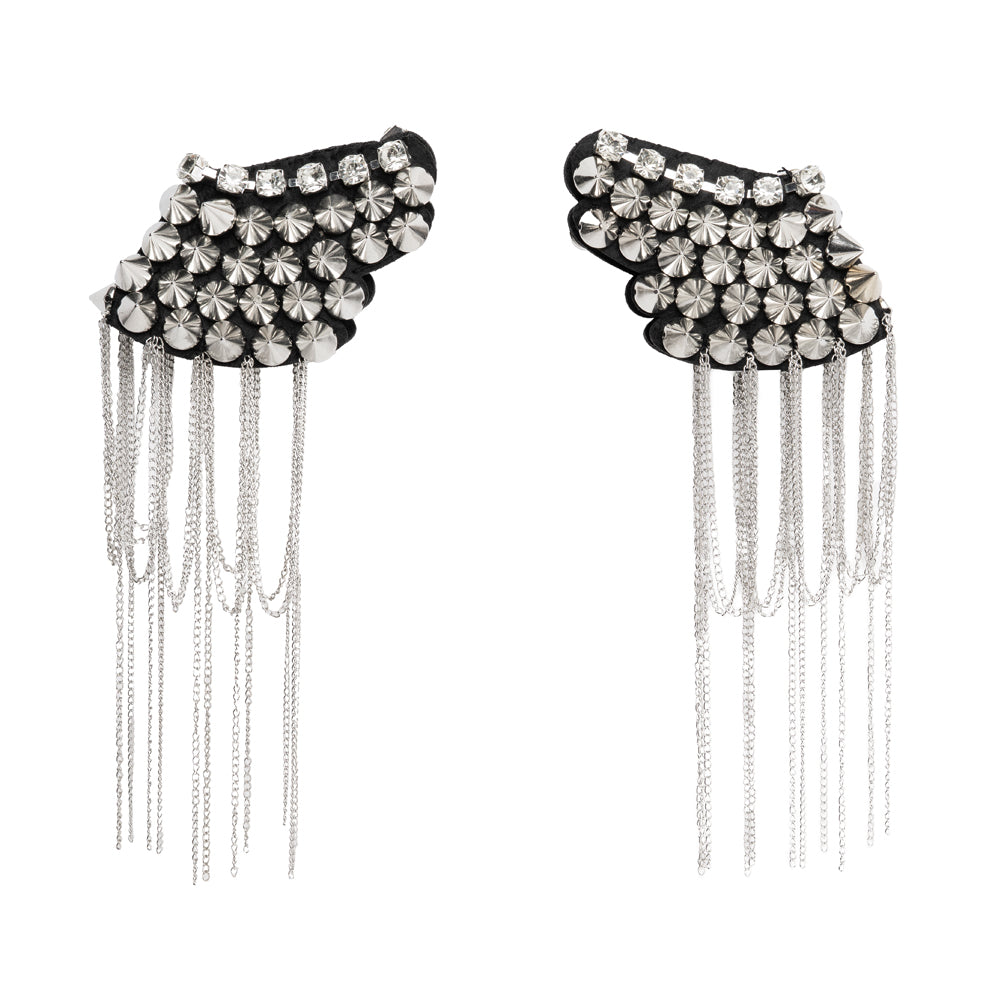Yaya Han Rhinestones and Spikes Shoulder Epaulettes with Metal Chain Fringe - London Punk Silver and Black, 8.5