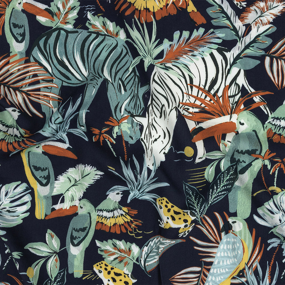Rayon Batiste Print - Midnight, Green and White Zebras and Brids - Mood Exclusive Navy Birds of Play - Joann Fabrics