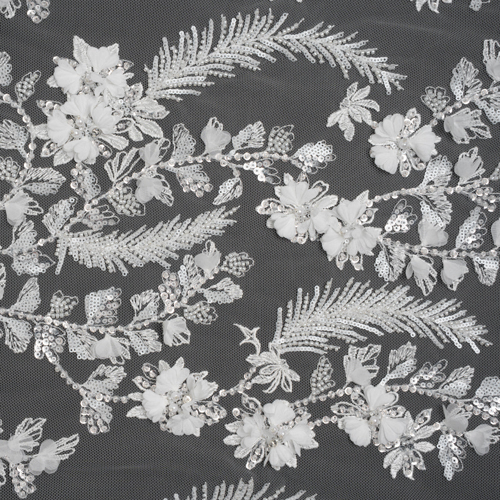 Beaded and Sequined Embroidered Lace with 3D Fabric Flowers - White Floral Vines - Joann Fabrics