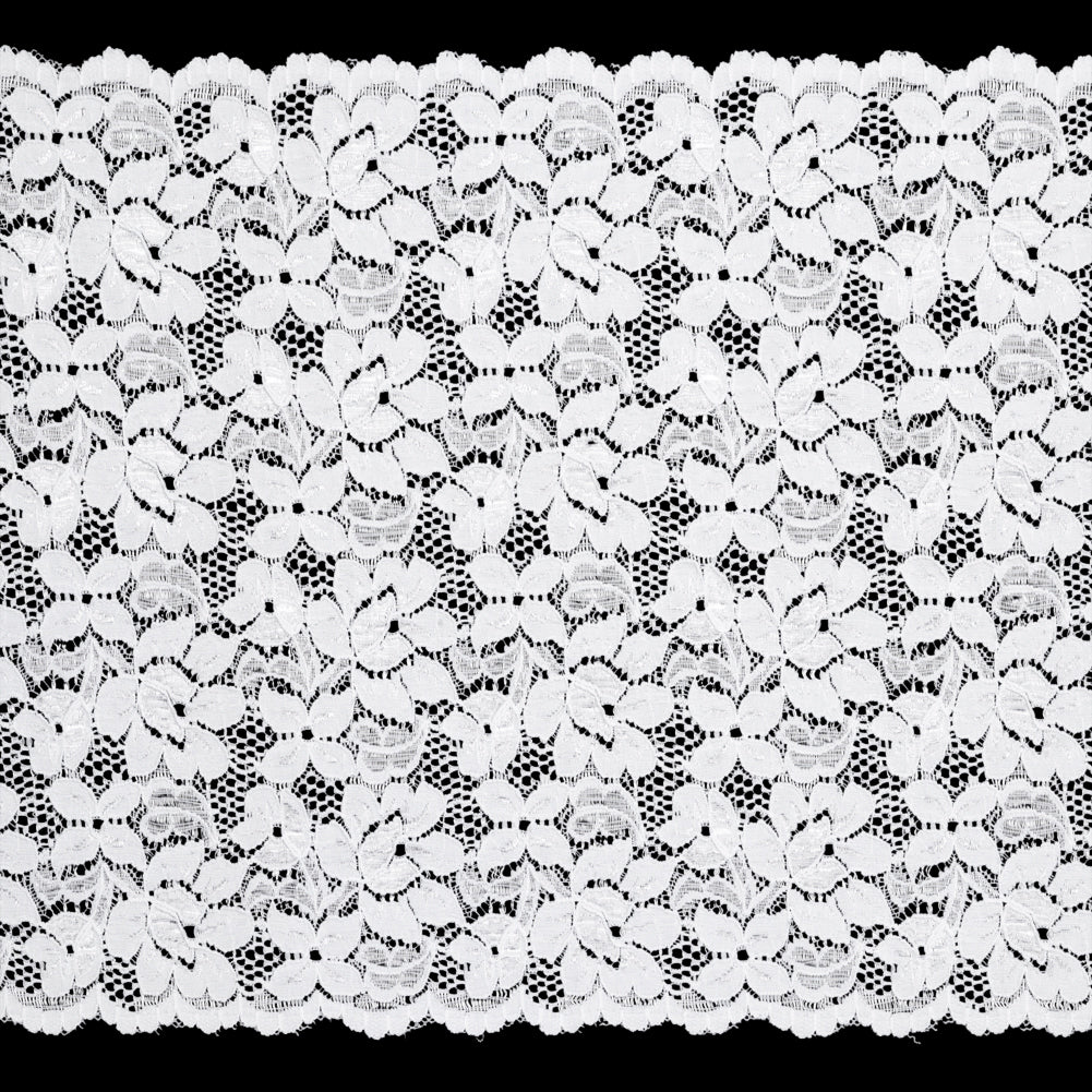 Shimmering White Floral Stretch Lace Trim with Scalloped Edges - 11.25