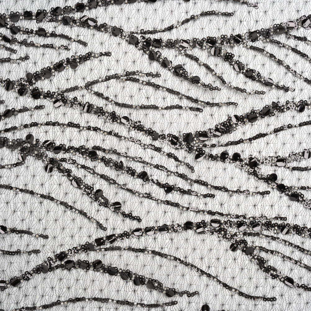 Embroidered Lace Netting with Sequins - Black and Silver Water Plants on Lattice - Joann Fabrics