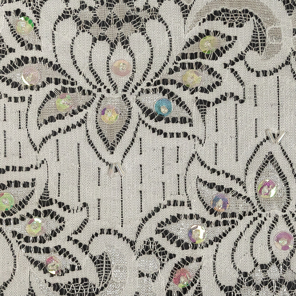 White and Iridescent Beaded and Sequined Floral Stretch Lace Trim - 6