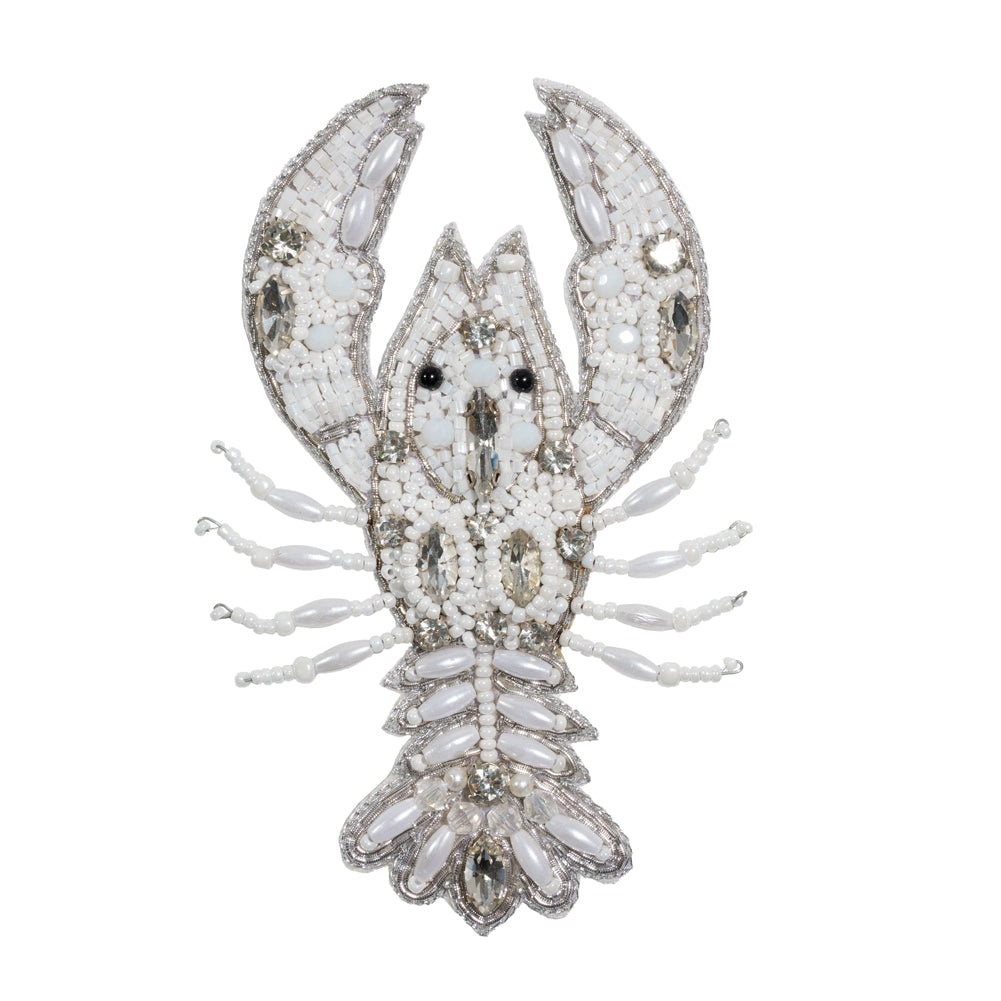 White and Silver Lobster Rhinestone and Glass Beaded Applique - 4.25