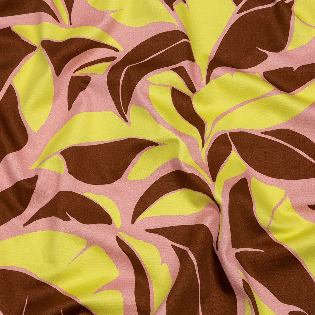 Stretch Cotton Sateen - Pink and Yellow Leaves - Flying Swirls Print - Mood Exclusive Groove Collection - Joann Fabrics
