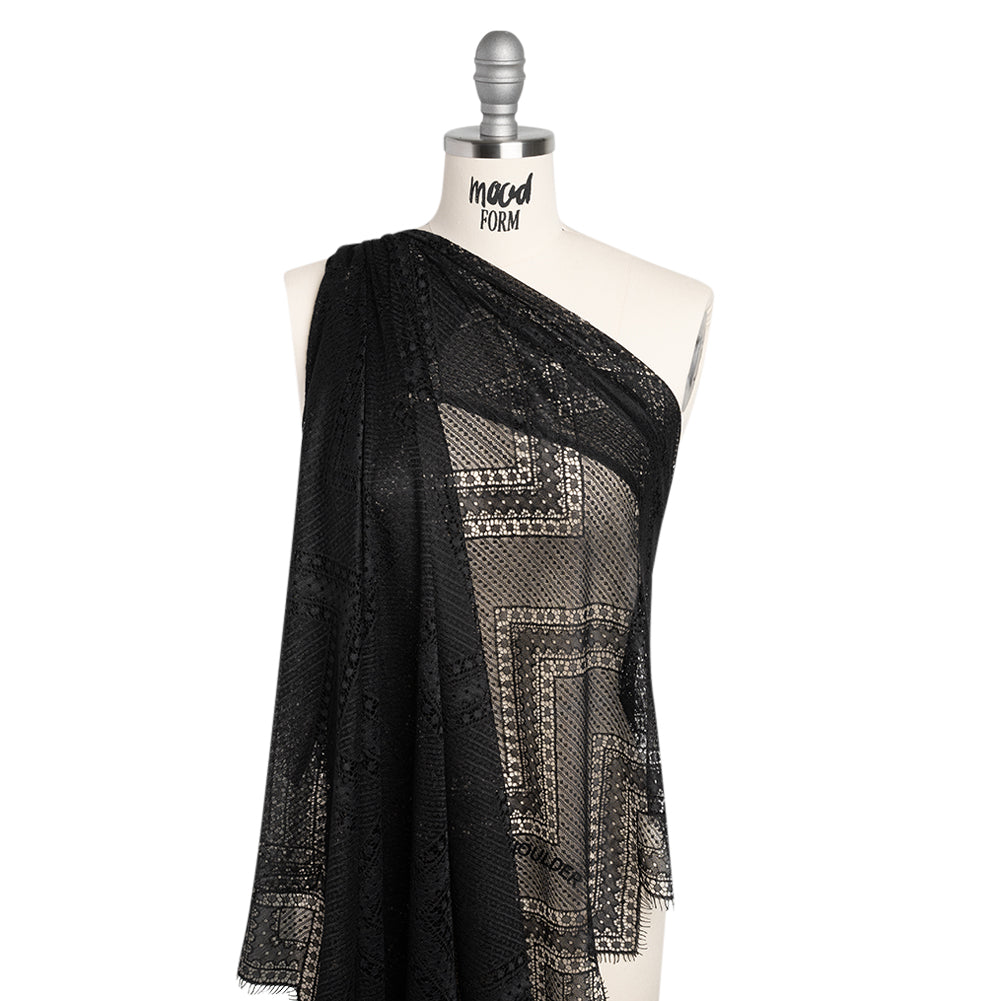 Recycled Nylon Raschel Lace Panel With Finished Edges - Black Geometric Chevrons - Joann Fabrics