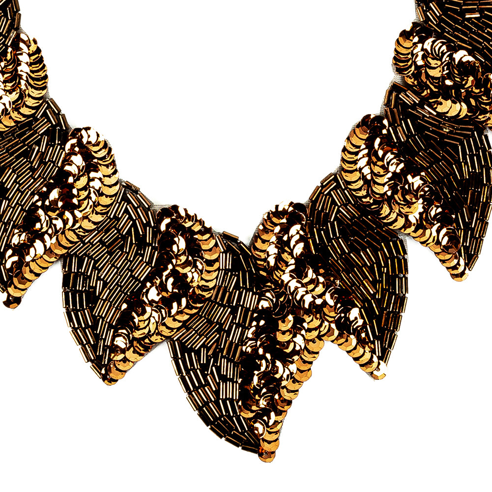 Vintage Fancy Bronze Sequins and Bugle Beaded Neckline Applique - 7.625