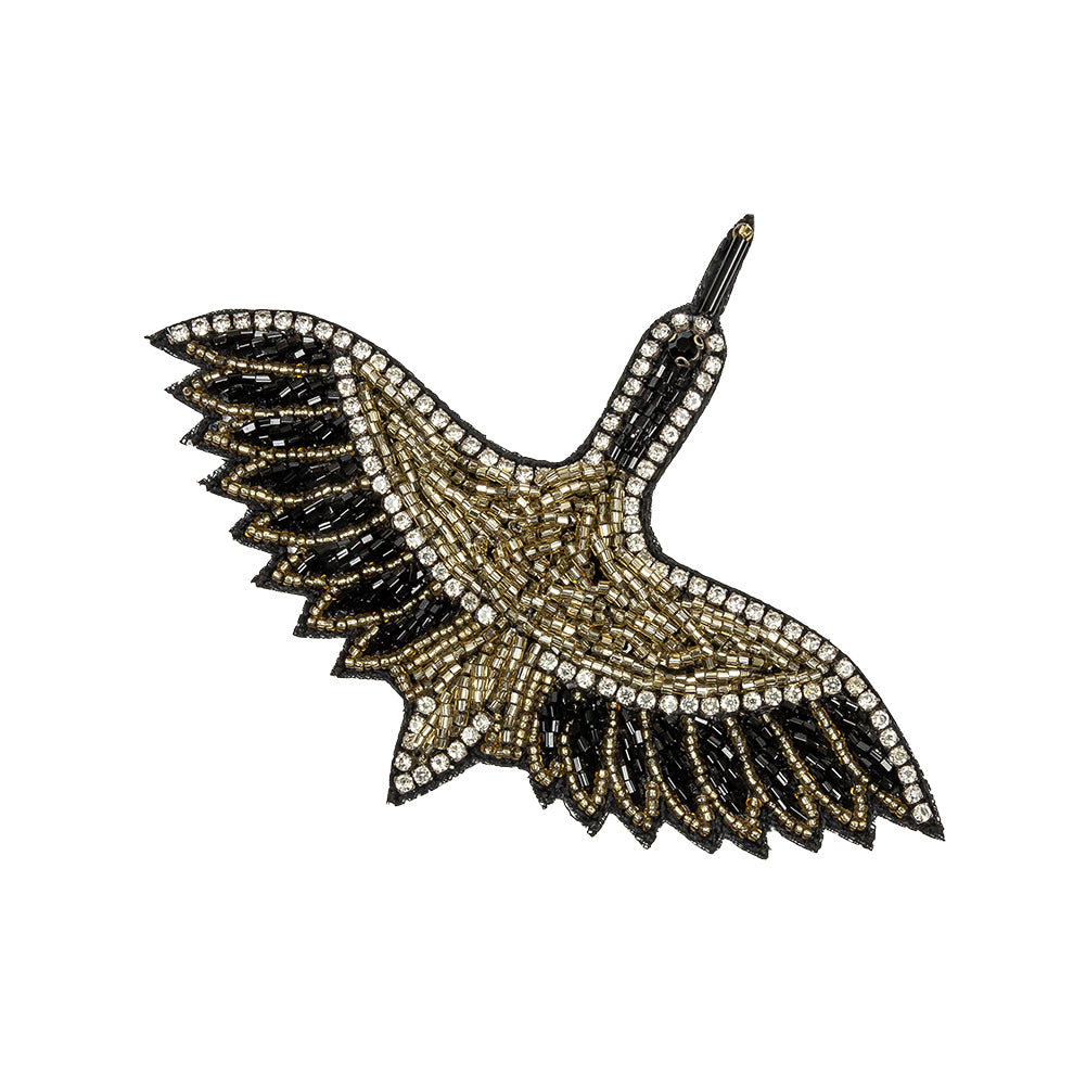 Black, Gold and Crystal Rhinestone Crane Glass Beaded Applique - 3.375