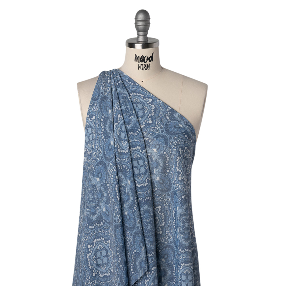 Textured Gauzy Rayon and Polyester Woven Print - Steel Blue, Sky and White Fancy Floral Medallions - Designer Deadstock - Joann Fabrics