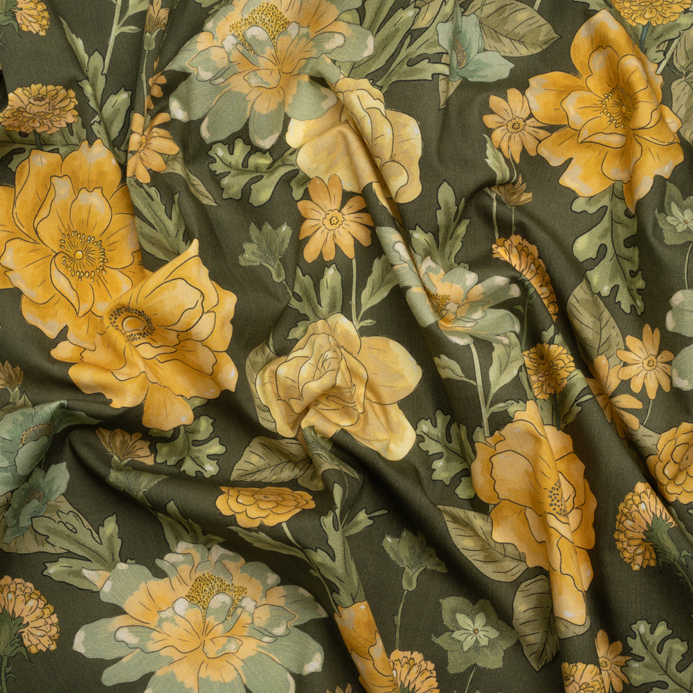 Cotton Poplin Print - Olive Green and Yellow Floral - Mood Exclusive Glorious Gardens - Joann Fabrics