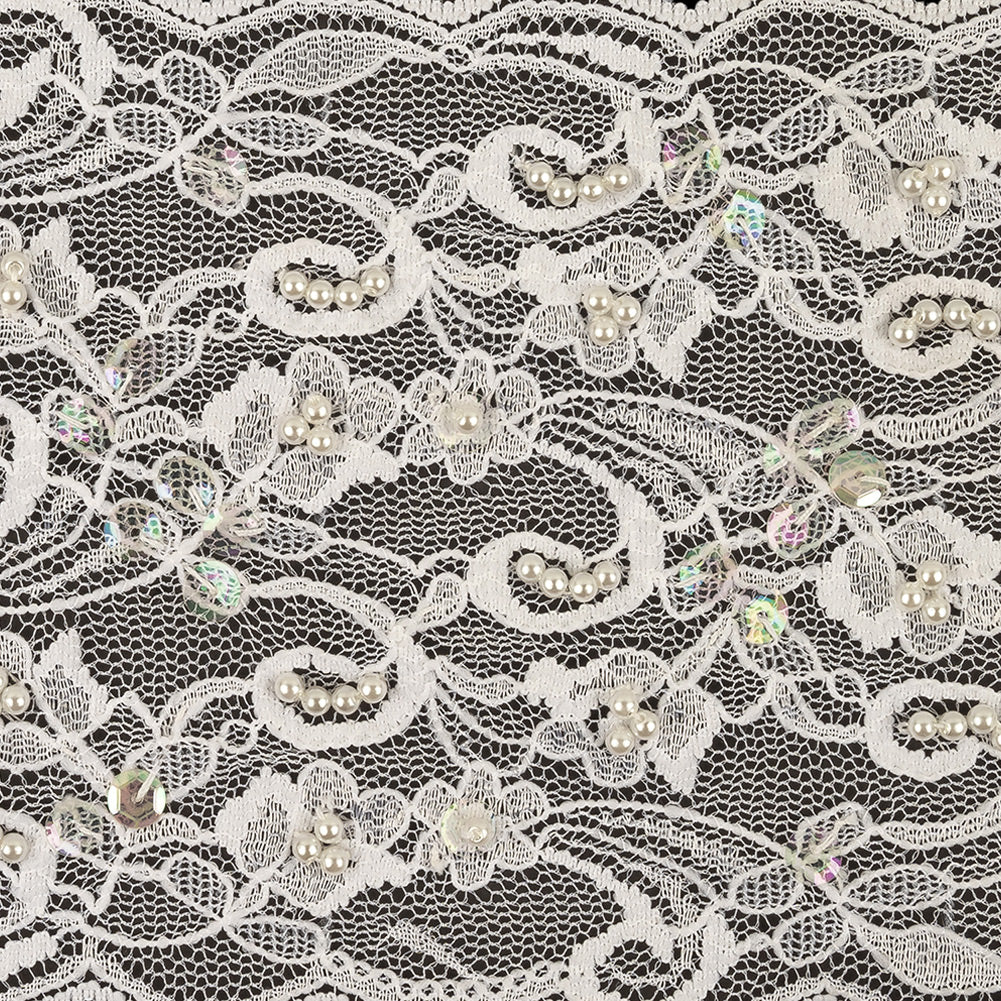 White and Iridescent Floral Beaded and Sequins Lace Trim with Scalloped Edges - 4.375