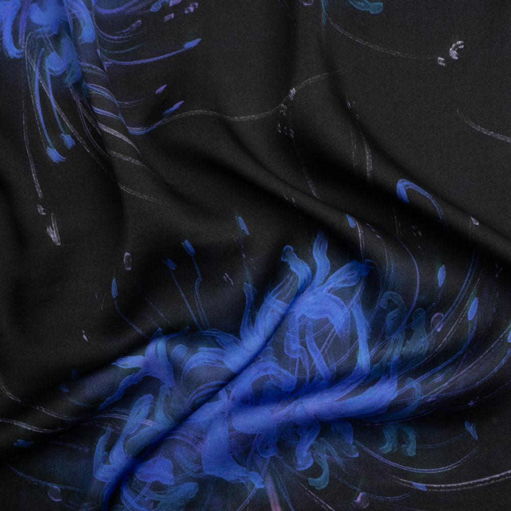 Sustainable and Recycled Viscose Satin Print - Blue and Black Glowing Florals - Mood Exclusive Marine Magic - Joann Fabrics