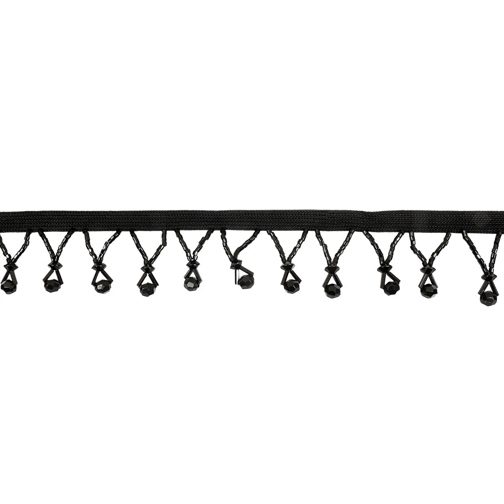Vintage Black Faceted Round and Seed Beaded Fringe Trim - 1.375
