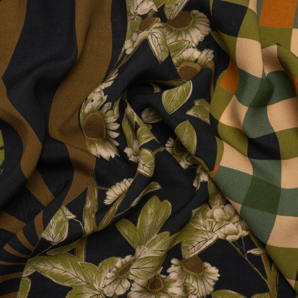 Sustainable Viscose Crepe Panel - Green and Brown Checks and Floral Patchwork - Mood Exclusive Earth's Gifts - Joann Fabrics