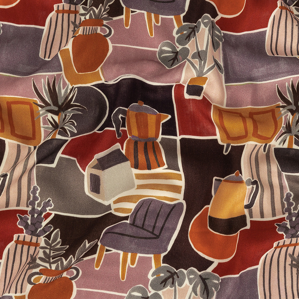 Rayon Challis - Purple and Orange Plants and Furniture - Peaceful Waking Print - Mood Exclusive Wisteria Collection - Joann Fabrics