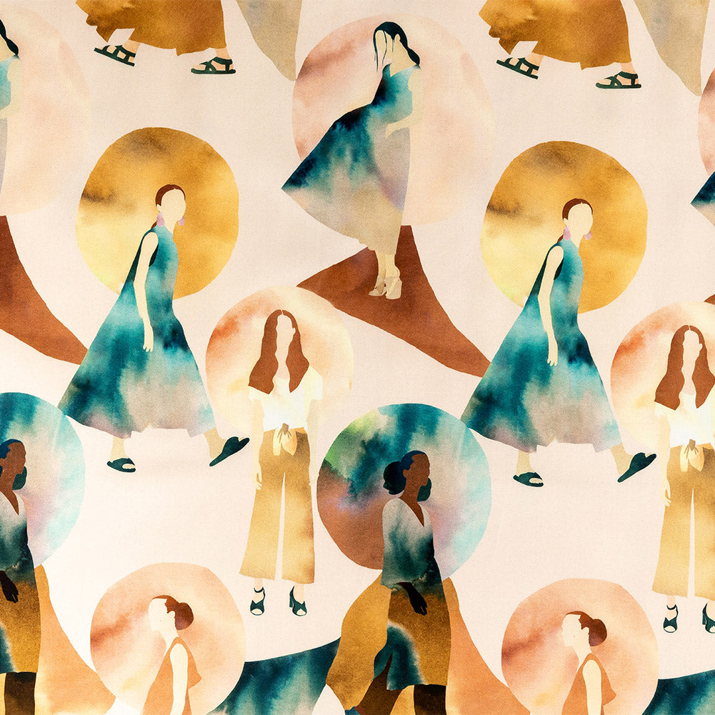 Stretch Cotton Sateen - Multi Watercolor Figures and Shapes - Wayfaring Woman Print - Mood Exclusive Tumunyana Collection - Joann Fabrics