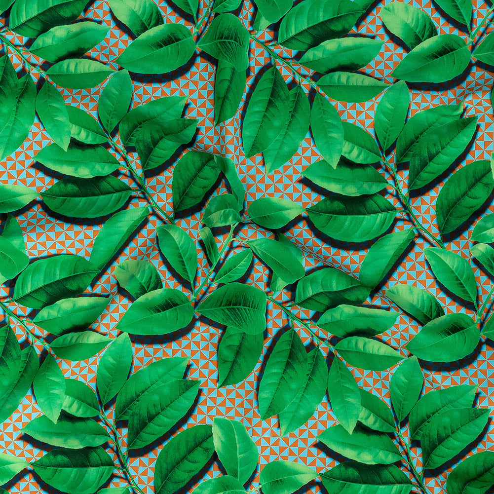 Compression Swimwear Tricot, UV Protective with Aloe Vera Microcapsules - Green Leaves and Orange Geometric - Caye Collection - Joann Fabrics