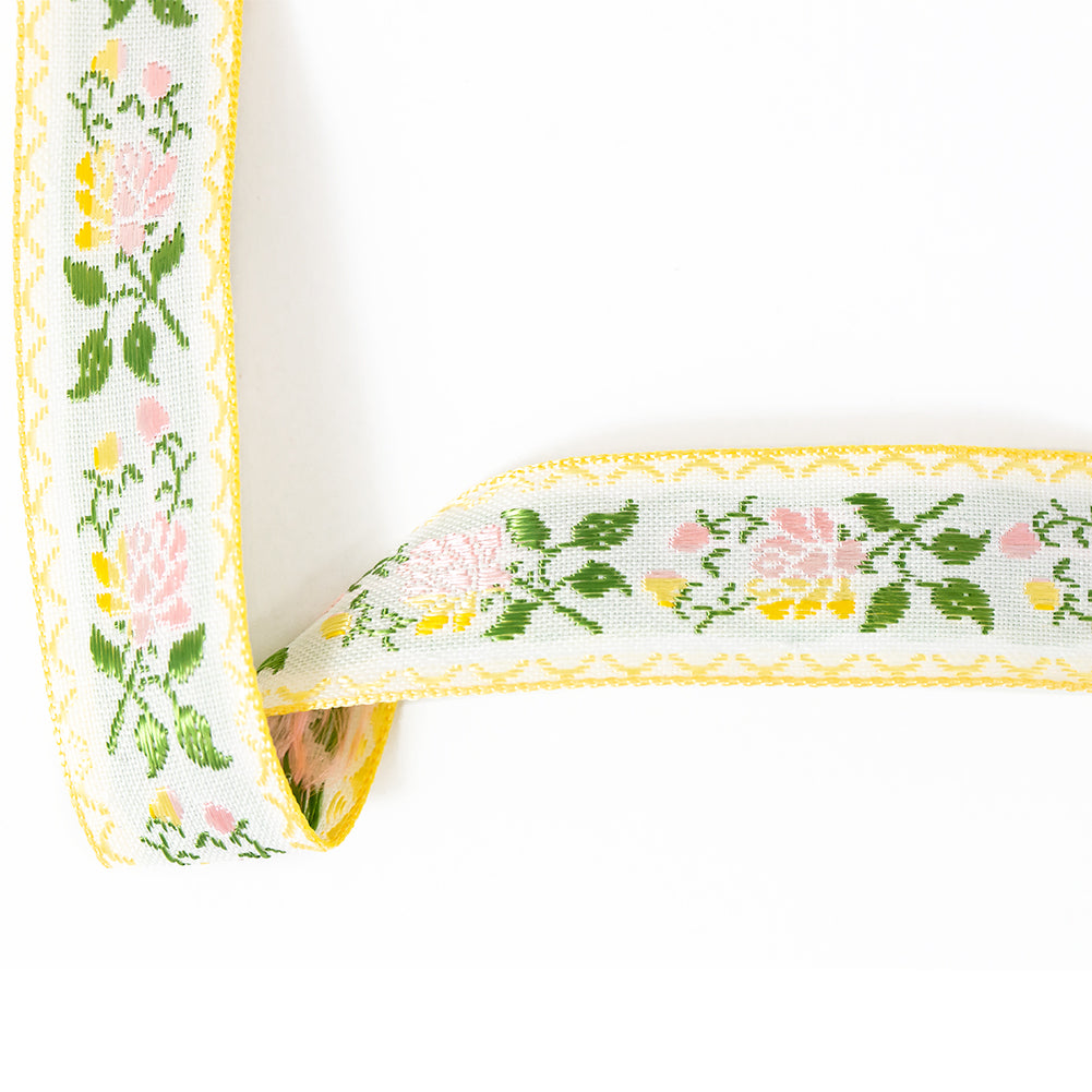 Yellow, Pink and Green Floral German Jacquard Ribbon - 0.875