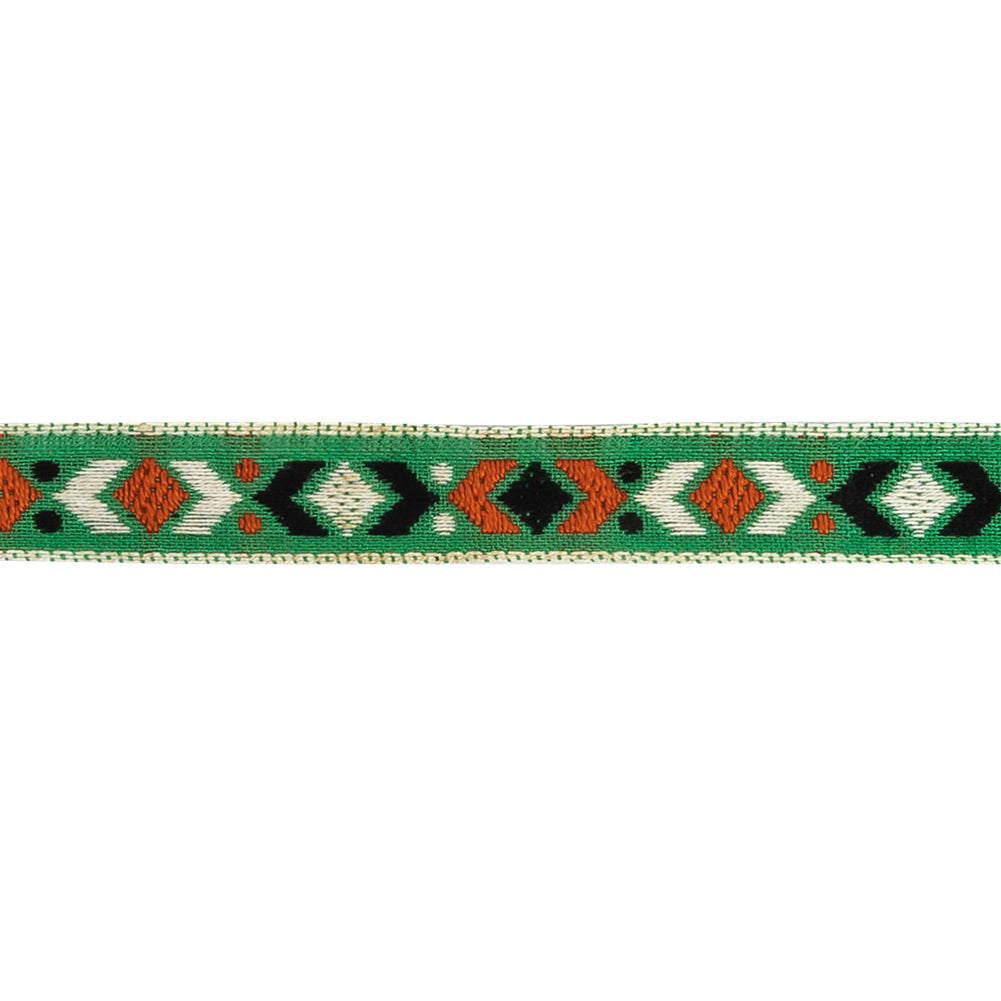 Green, Black and Orange Geometric German Jacquard Cotton Ribbon - 0.5