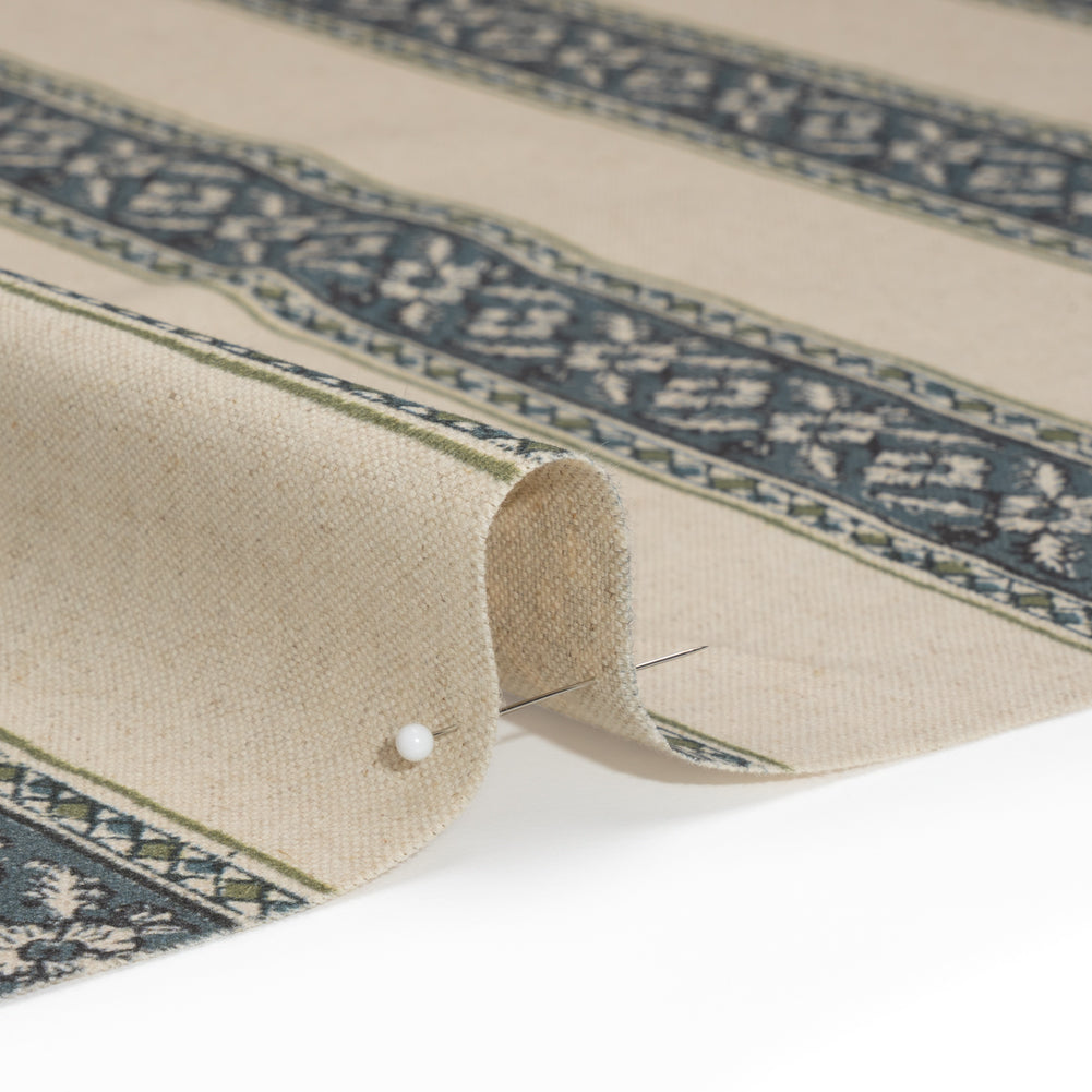 Brushed Cotton and Linen Canvas - Indigo Flowers and Diamonds Stripes - British Imported - Joann Fabrics
