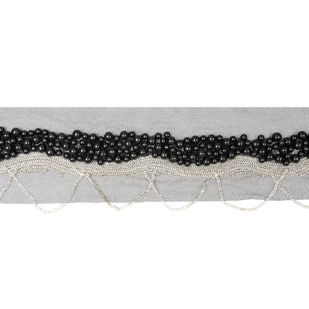Italian Black Beaded Mesh Trimming with Silver Metal Chains - 3.5