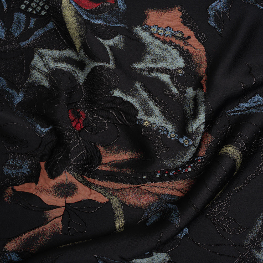 Metallic Rayon and Polyester Brocade Panel - Black, Orange and Blue Flower Bunches - Joann Fabrics
