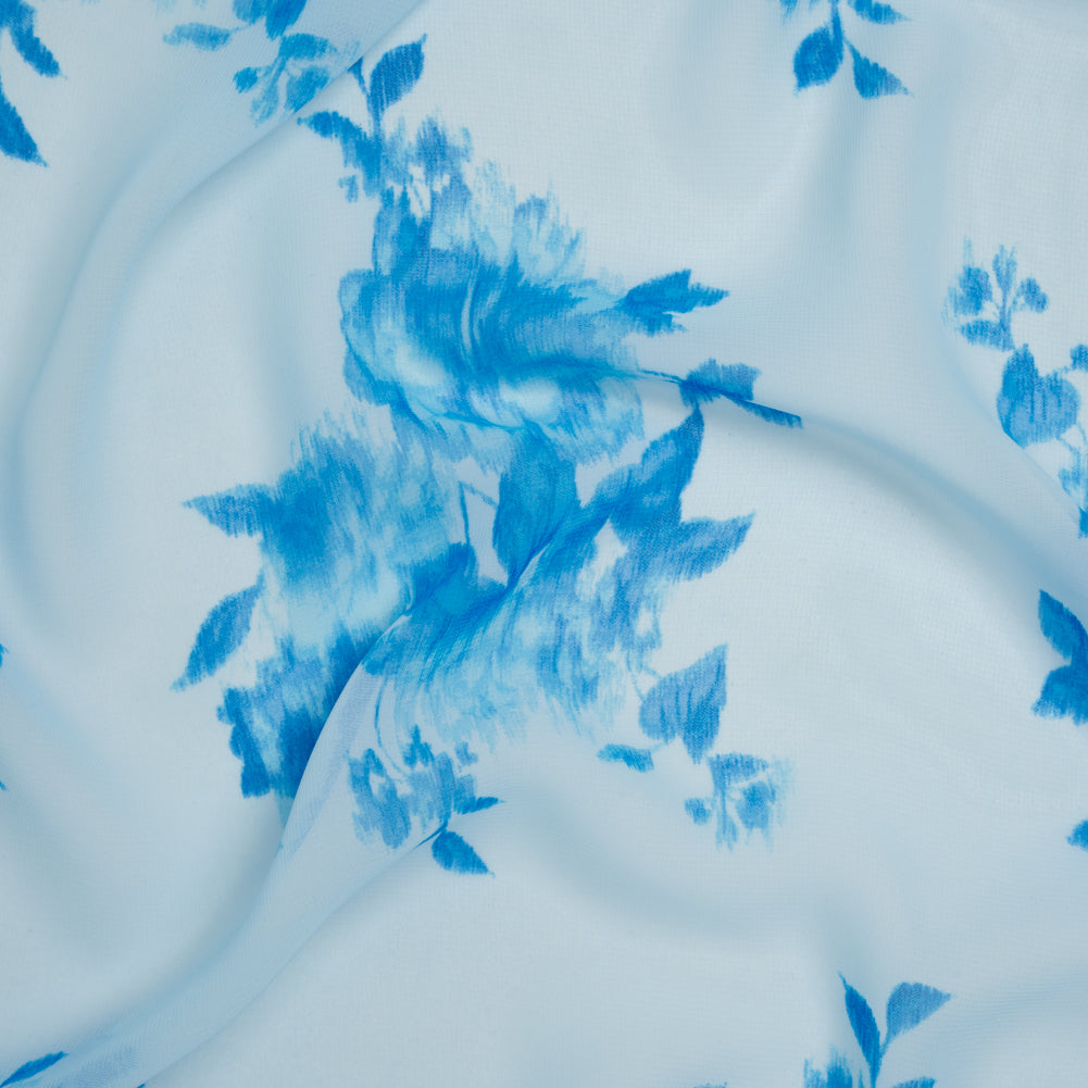 Polyester Chiffon Print - Sky and Horizon Blue Ikat Floral Bunches - Designer Deadstock - Joann Fabrics
