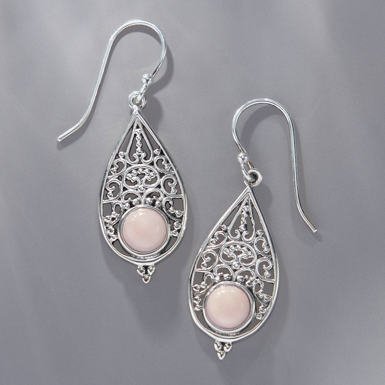 Sterling Silver Filigree & Pink Opal Earrings, French Hooks - Northstyle Catalog