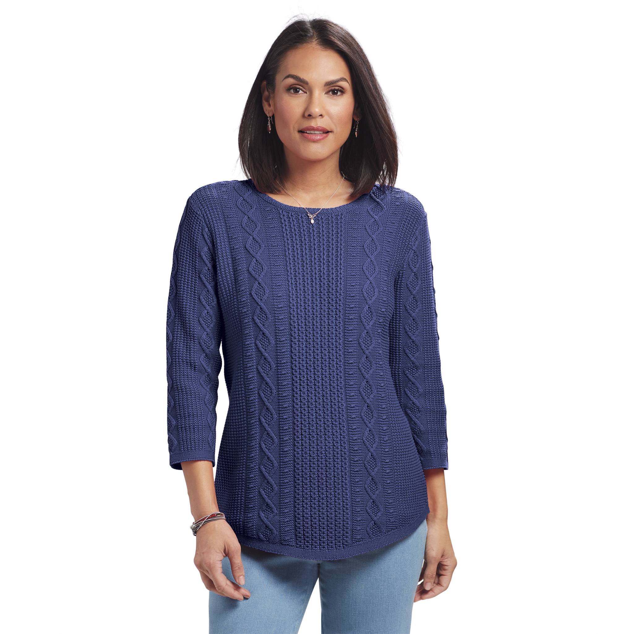 Textural Curved Hem Cable Sweater, Rounded Crew Neck, 3/4 Sleeves - Northstyle Catalog