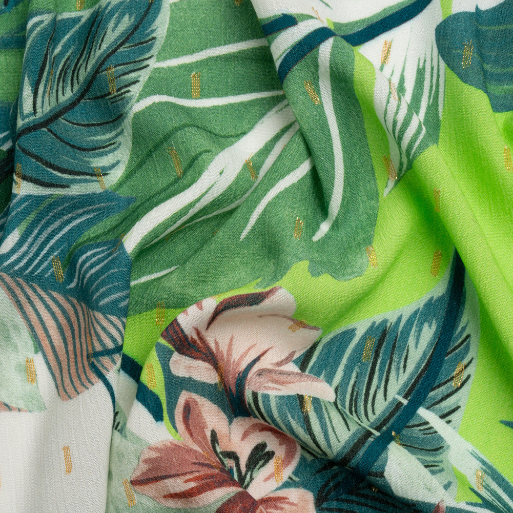 Mood Exclusive White Jive with Jungle Metallic Dotted Crinkled Viscose Crepe - Joann Fabrics