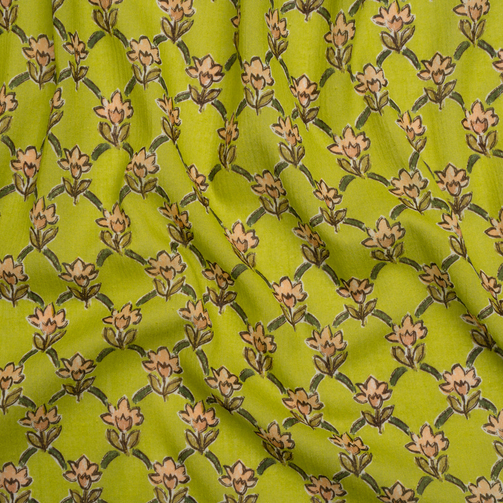 Crinkled Cotton Gauzy Woven Print - Lime Green and Pink Floral Lattice - Mood Exclusive Tulip Trellis - Joann Fabrics