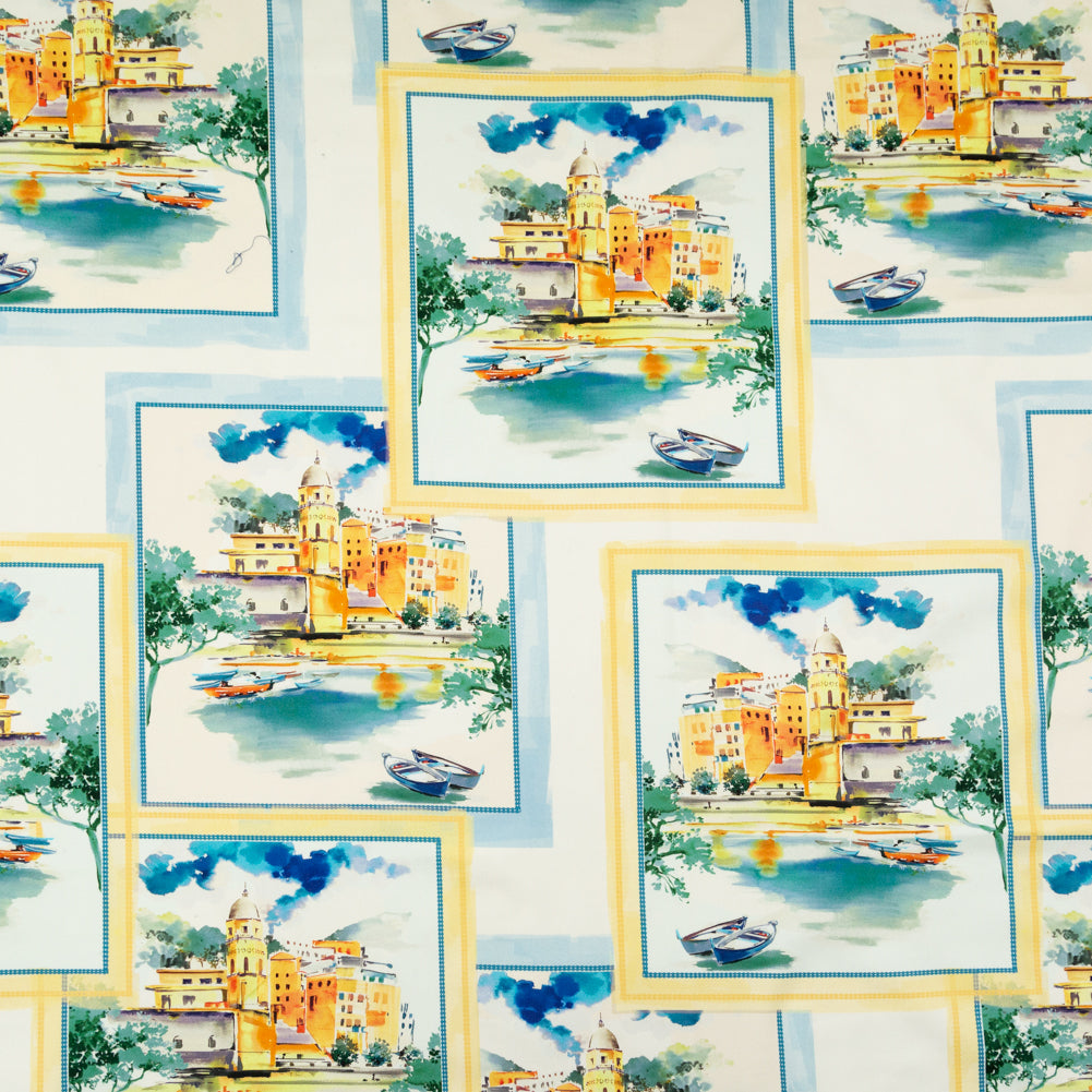 Stretch Cotton Sateen - Blue and Yellow Waterscapes - Palace Regattas Print - Mood Exclusive St. Tropez Collection - Joann Fabrics