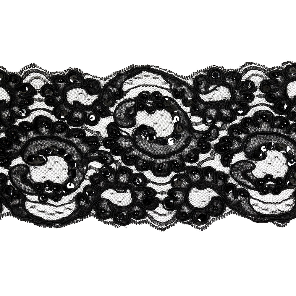 Black Abstract Beaded and Sequined Corded Lace Trim - 4.75