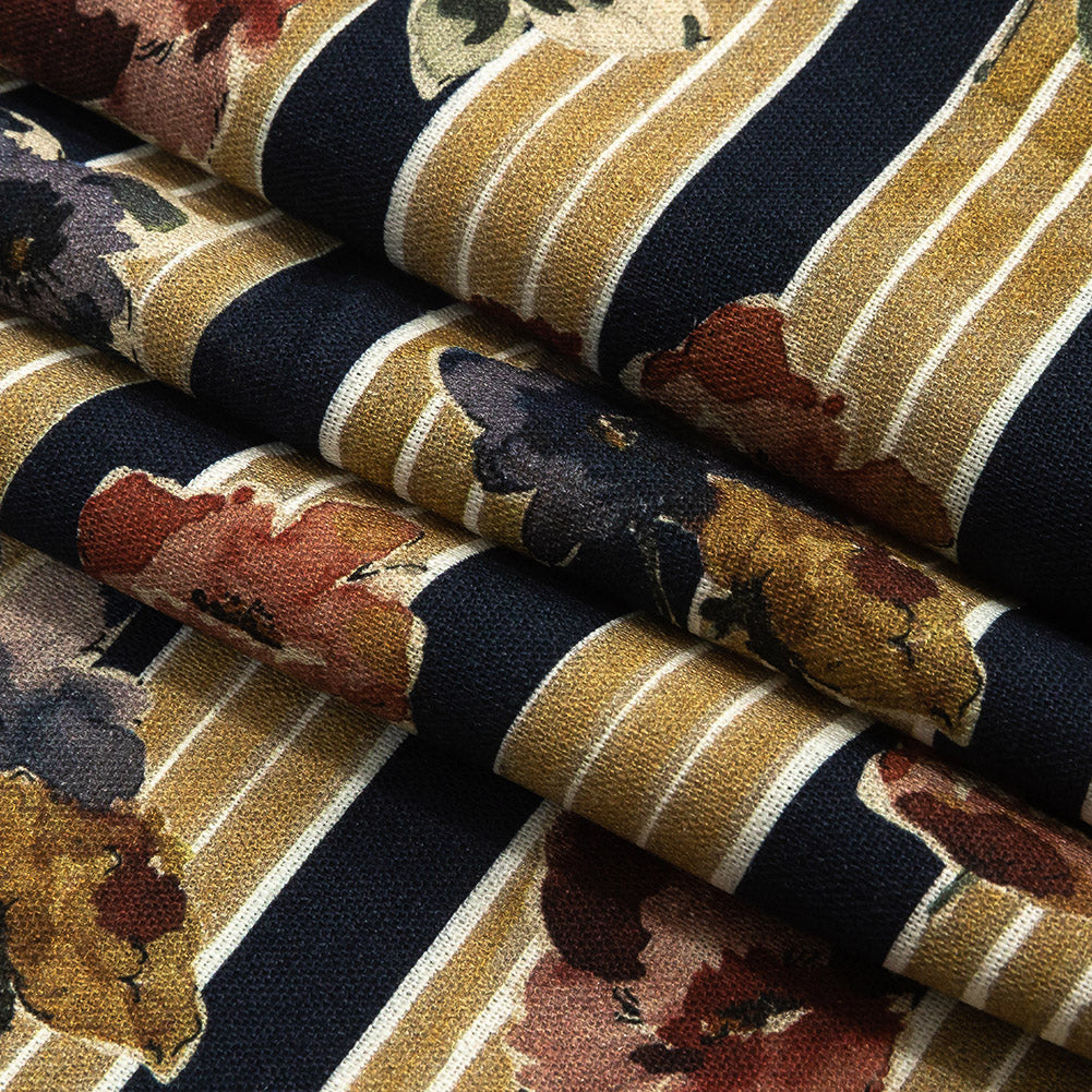Linen and Rayon Woven - Yellow and Navy Floral over Stripes - Harmonious Hibiscus Print - Mood Exclusive Tumunyana Collection - Joann Fabrics