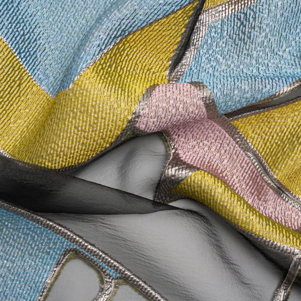 Pink, Blue and Yellow Metallic Abstractly Geometric Luxury Burnout Brocade - Joann Fabrics
