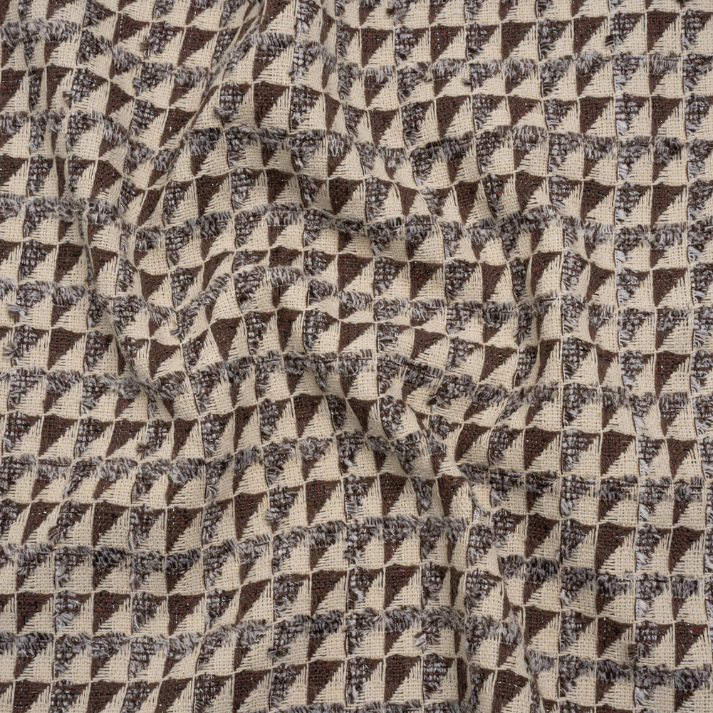 Heavy Polyester Woven with Short Fringe - Ivory and Brown Triangles - Deadstock - Joann Fabrics