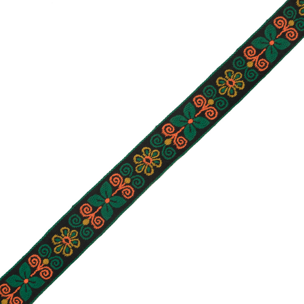 Green and Neon Orange Floral German Jacquard Ribbon - 1