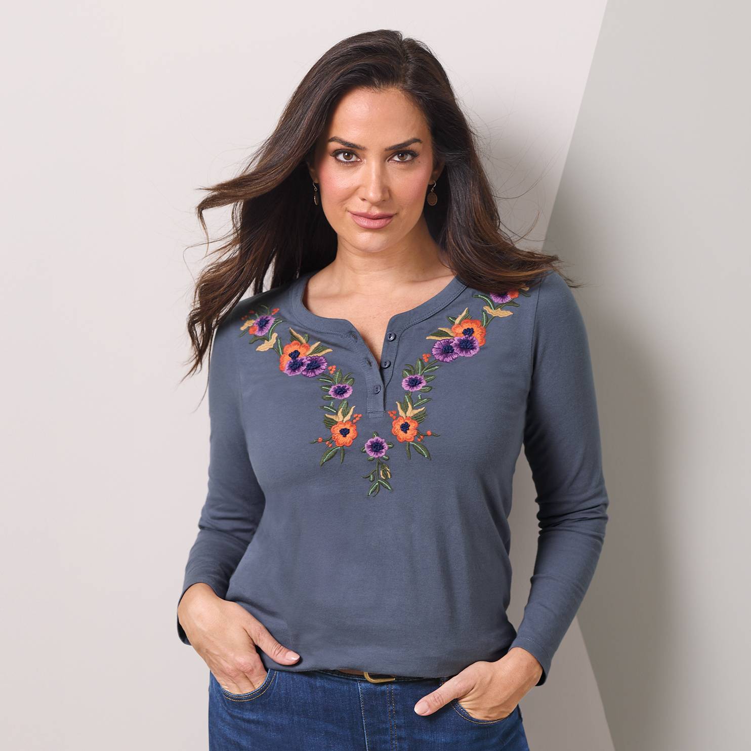Floral-Embroidered Cotton Henley, Long Sleeves, Soft Knit - Northstyle Catalog